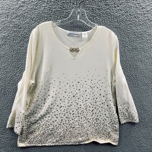 Alfred Dunner Womens Large Cream Gold‎ Sequin Top 3/4 Sleeve Embellished Holiday